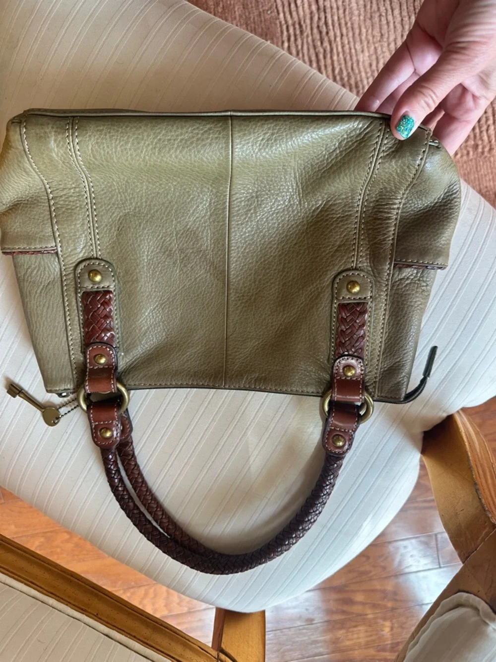 Fossil Leather Satchel Bag Burgandy Olive Green Burgandy Woven Strap Boho